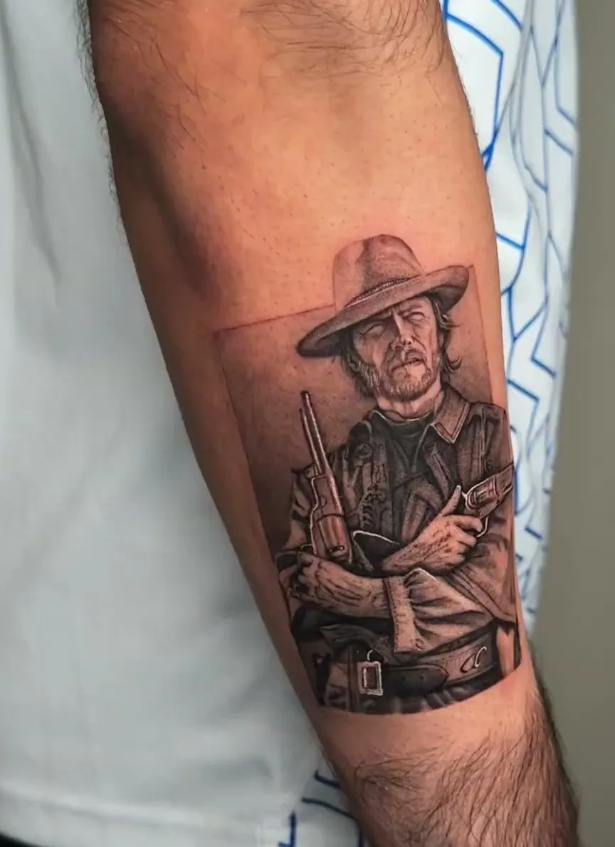 realism tattoo, gunslinger portrait on the forearm