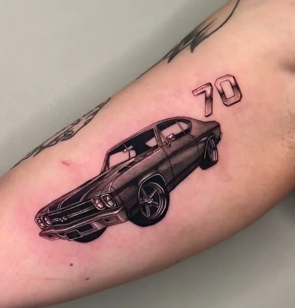 custom design tattoo, muscle car on the forearm