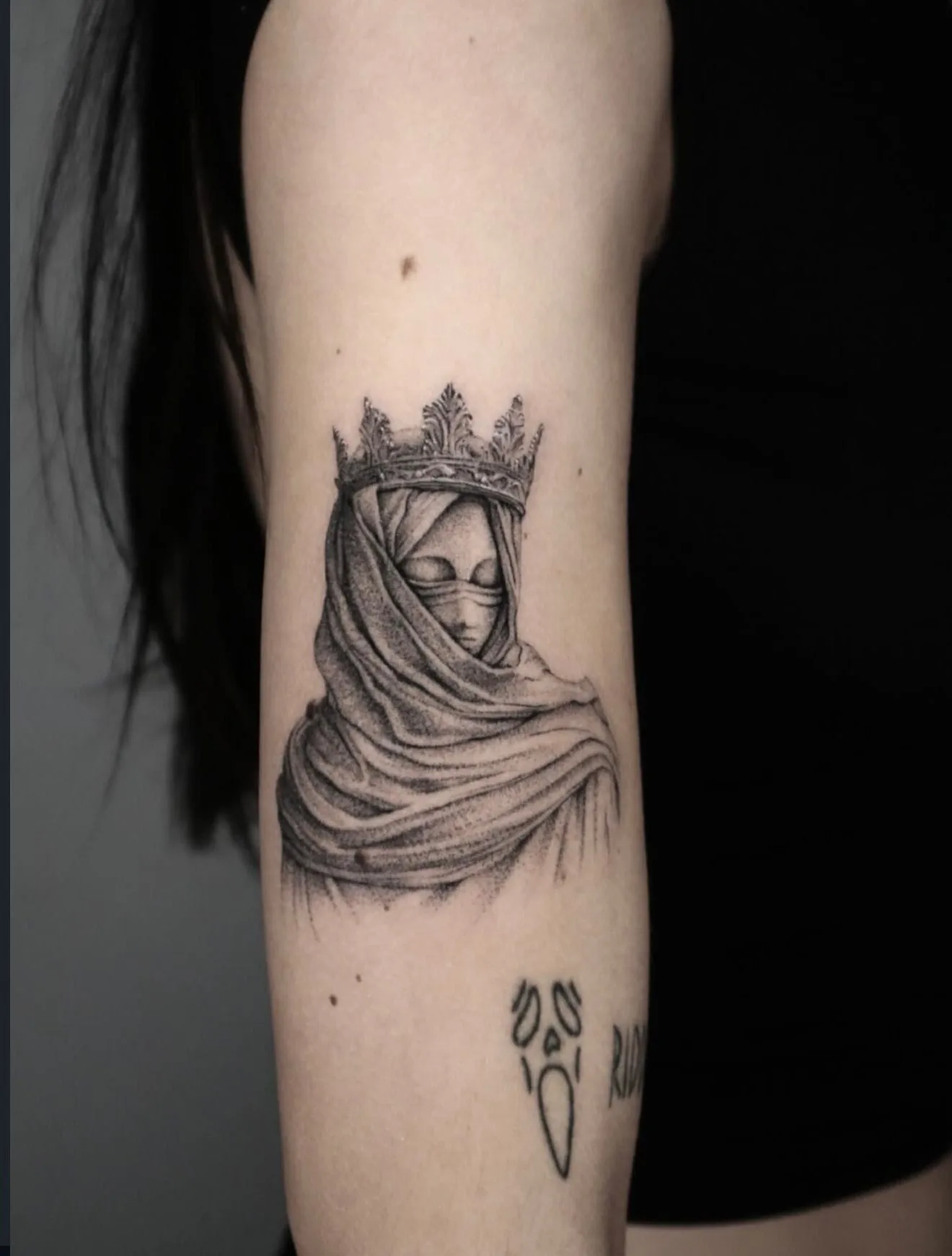 realism tattoo, madonna on the arm
