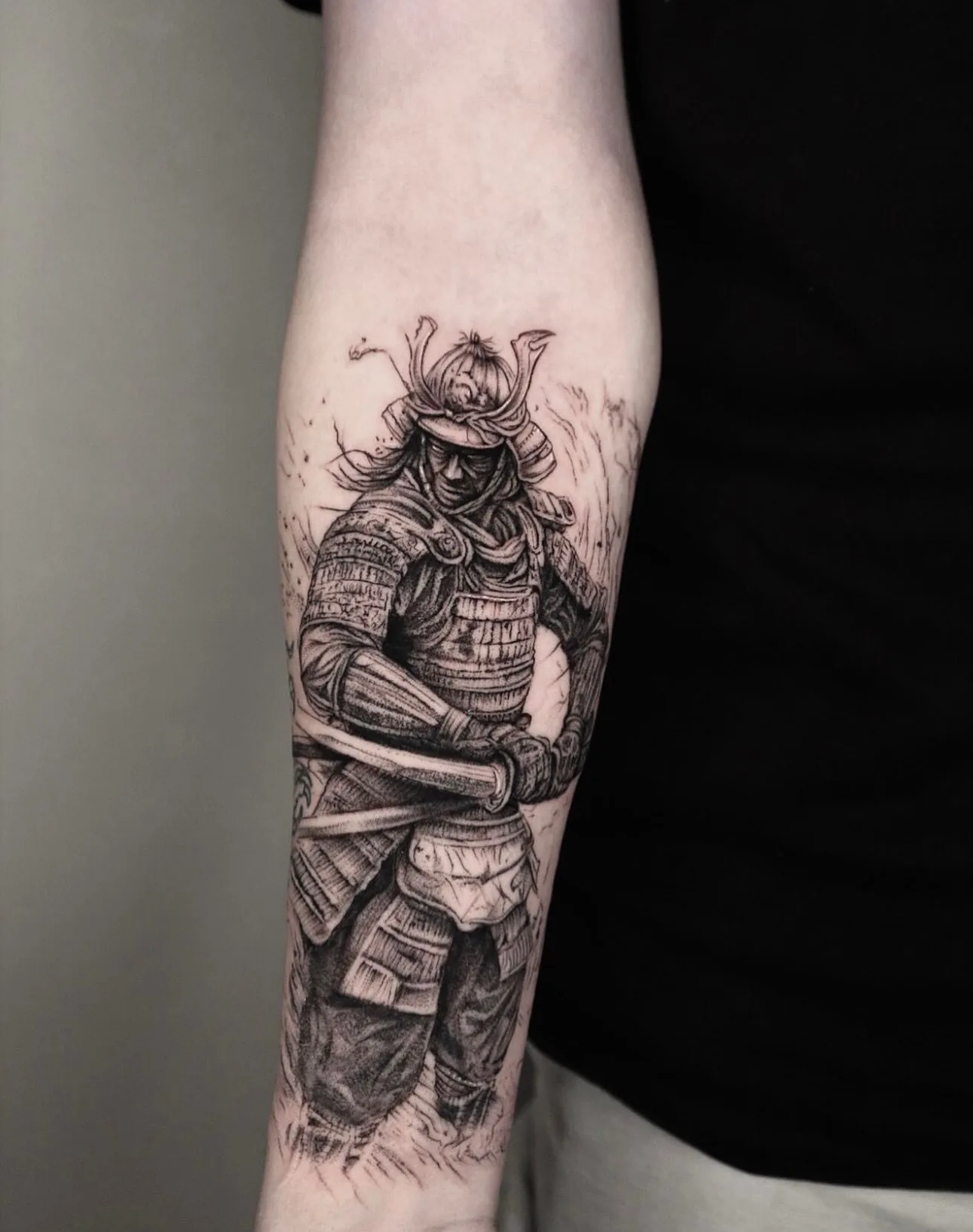 realism tattoo, samurai on the forearm