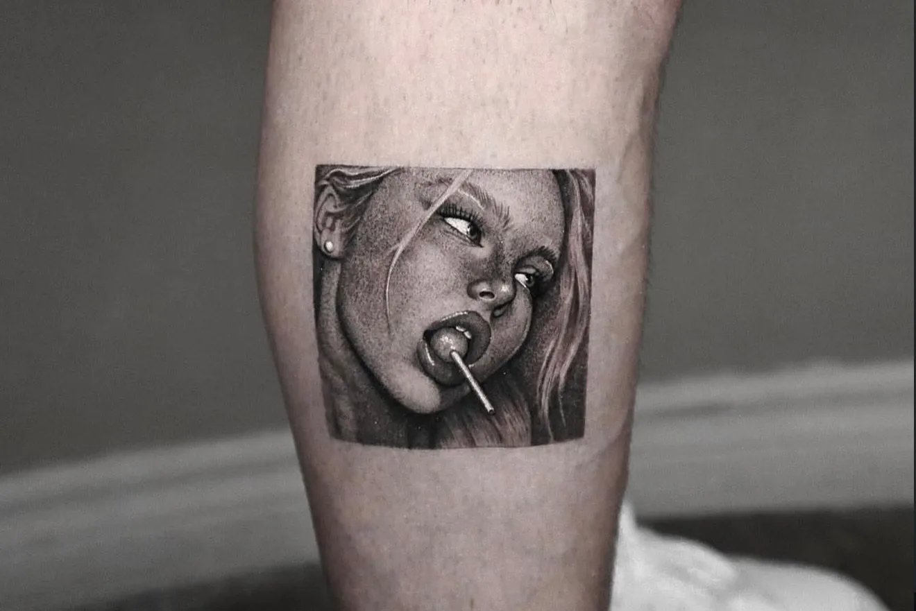 realism tattoo, framed portrait on the calf