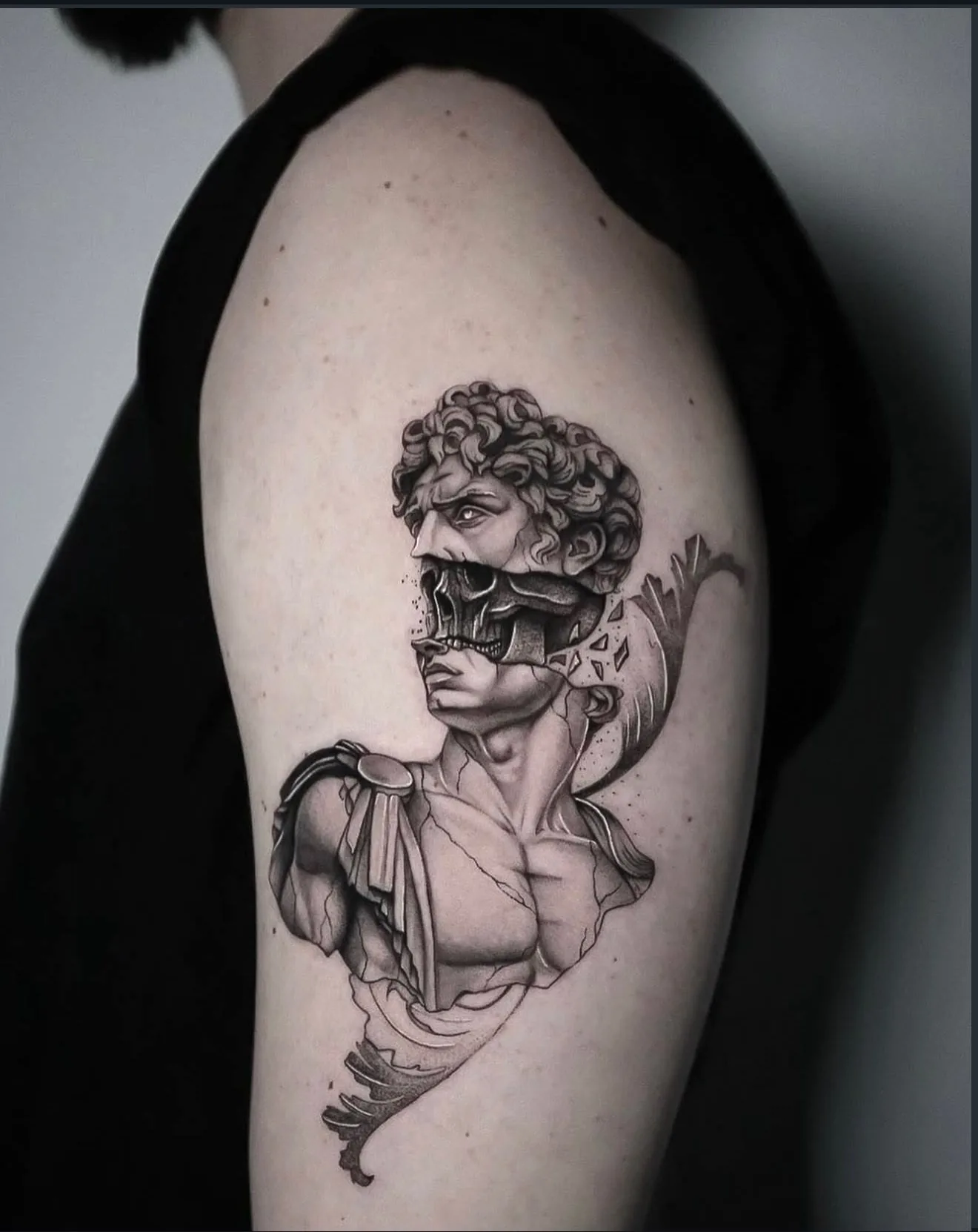 realism tattoo, classical bust on the shoulder