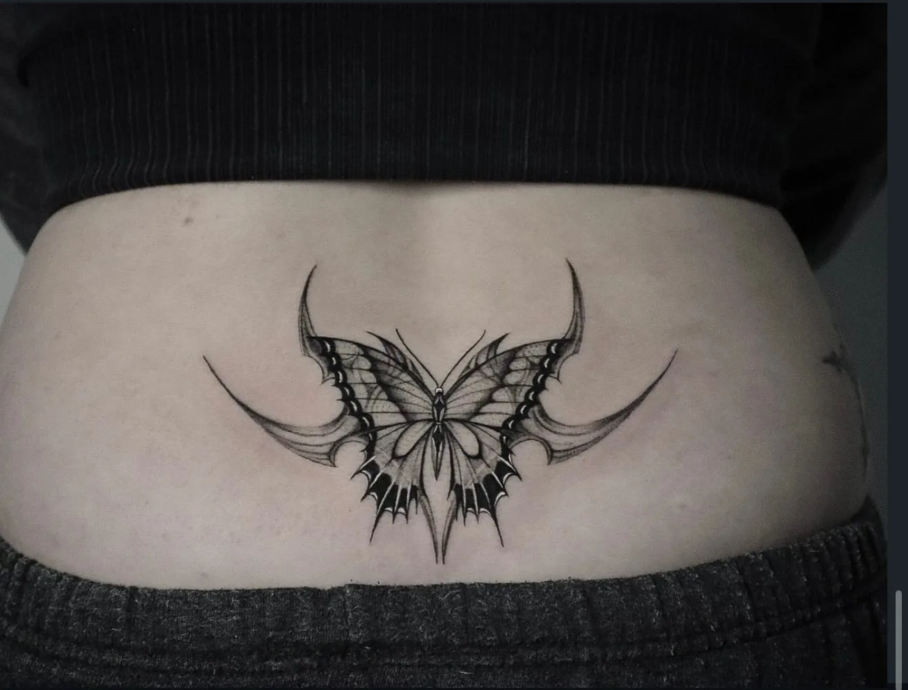 fine line tattoo, butterfly on the lower back