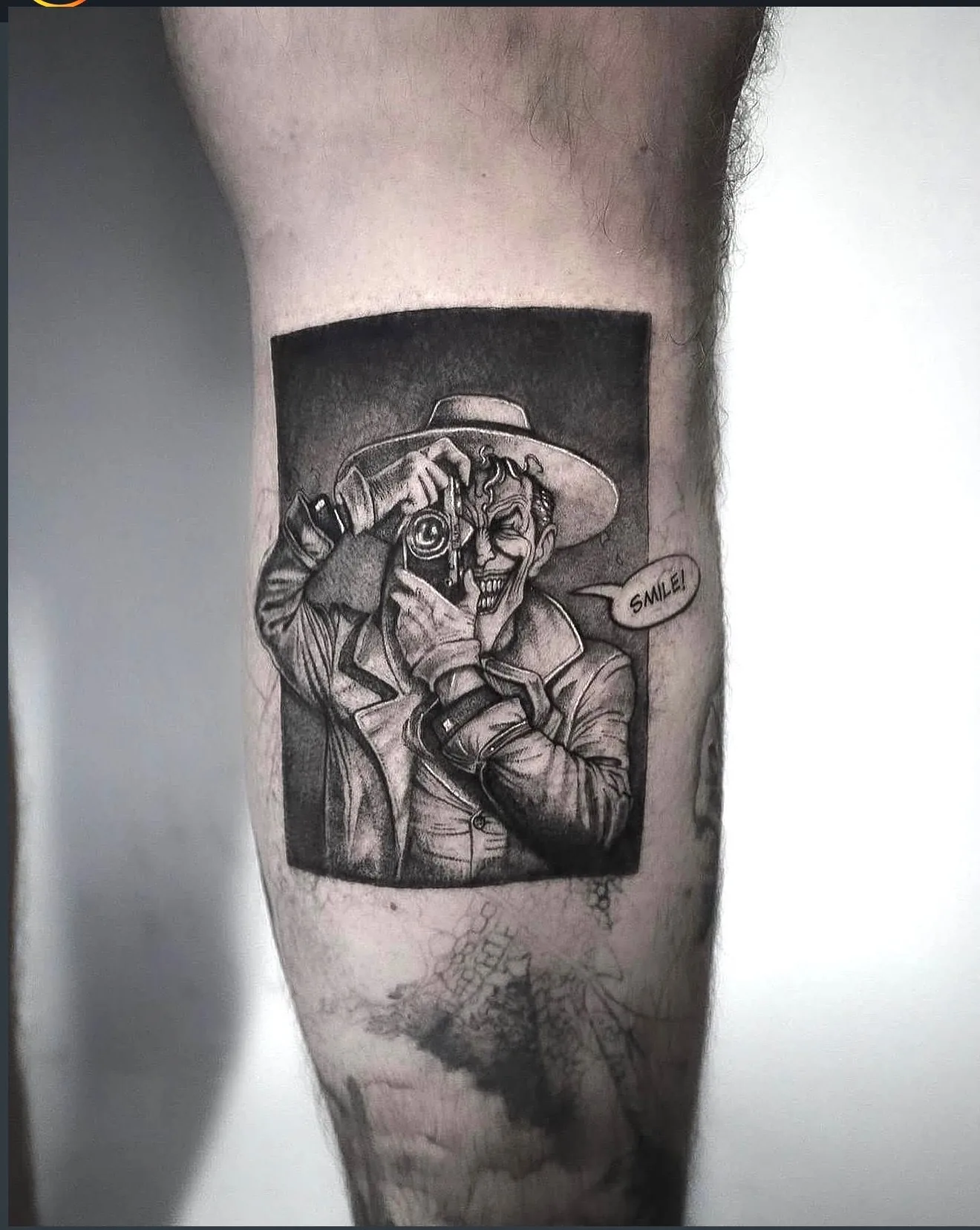 realism tattoo, comic panel on the calf
